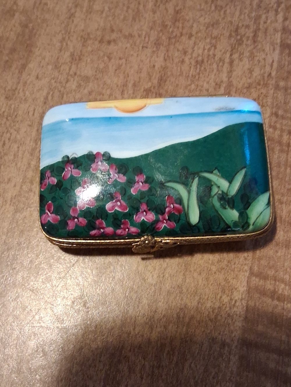 Hand-Painted Floral Enamel Pill Box - Green & Pink